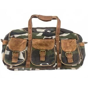 Fossil Camo Canvas & Leather Duffle Bag Weekender Travel Bag Large